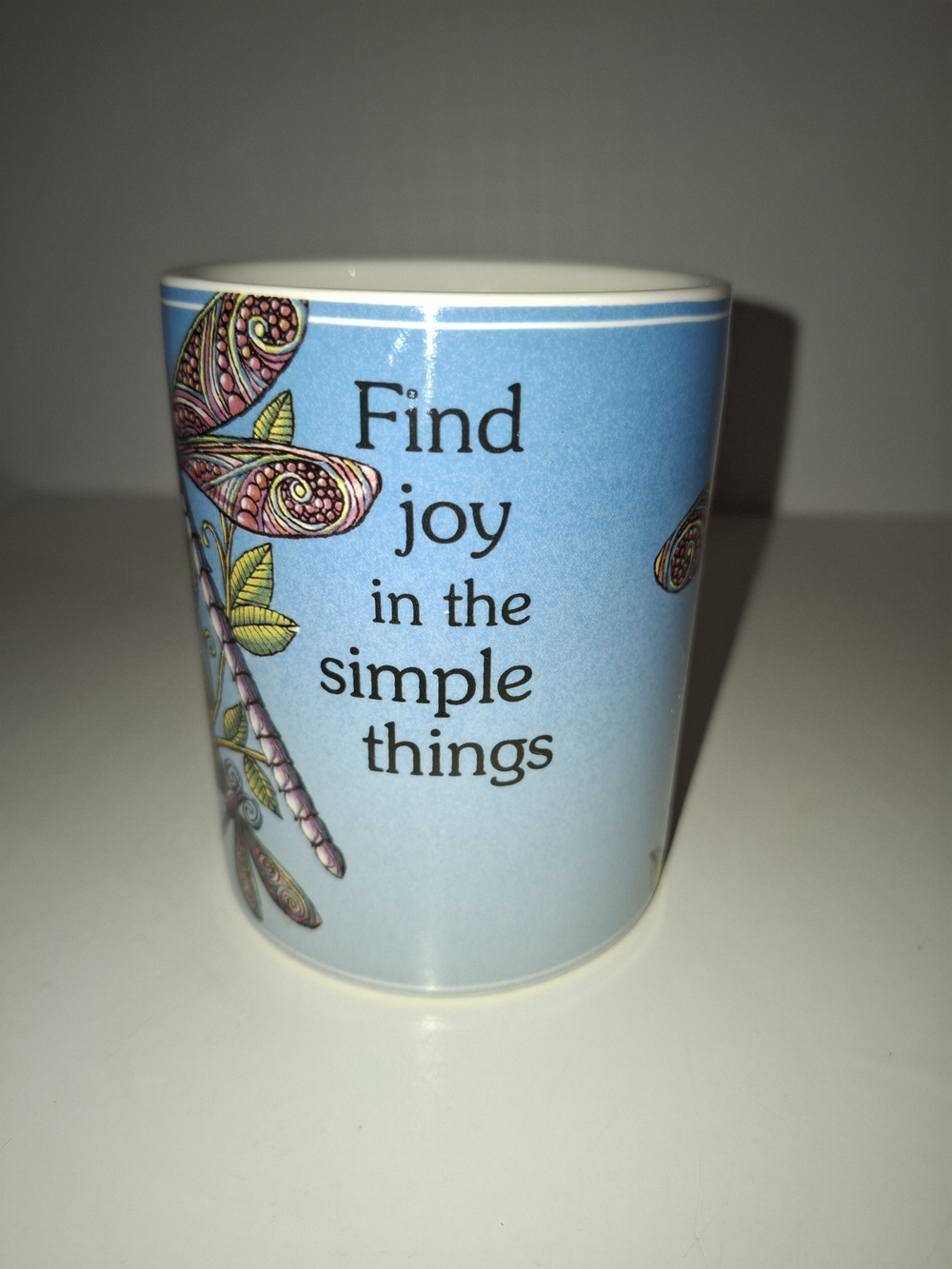 Light Blue Ceramic Mug with Dragonfly Message